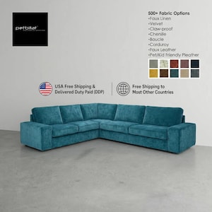 May include: A teal sectional sofa with a textured fabric finish. The image includes the text Petbitat, 500+ Fabric Options including Faux Linen, Velvet, Claw-proof, Chenille, Boucle, Corduroy, Faux Leather, and Pet/Kid Friendly Pleather.