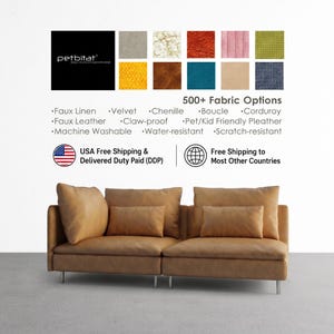 May include: A tan sofa with two large back cushions, two smaller rectangular throw pillows, and silver metal legs. Above the sofa, a grid displays various fabric swatches in colors like yellow, orange, blue, and green, with text listing 500+ fabric options.