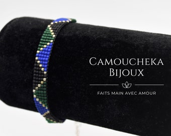 Bracelet tissé en perles Miyuki bleu électrique vert et noir - Accessoire femme - Cadeau pour elle. Manchette ethnique tissée Miyuki Delicas