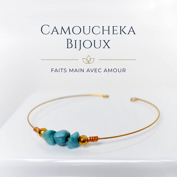 Bracelet fin doré en laiton et ses perles de Turquoise naturelle, bracelet jonc femme.