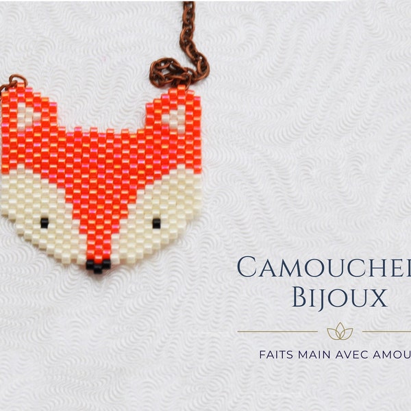 Sautoir renard orange et blanc, tissé en perles Miyuki. Collier femme. Accessoire femme. Bijou animal personnalisable. Cadeau pour elle.