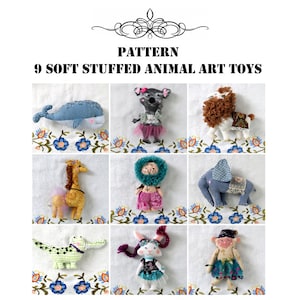 PDF sewing pattern of 9 cloth stuffed animals, DIY animal toy Rabbit, Lion, Koala, Monkey, Whale, Elephant, Giraffe, Lama, Crocodile