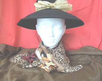 Vintage schwarze Wolle Pilzhut, breite Krempe Mod Style, Gold Schleife