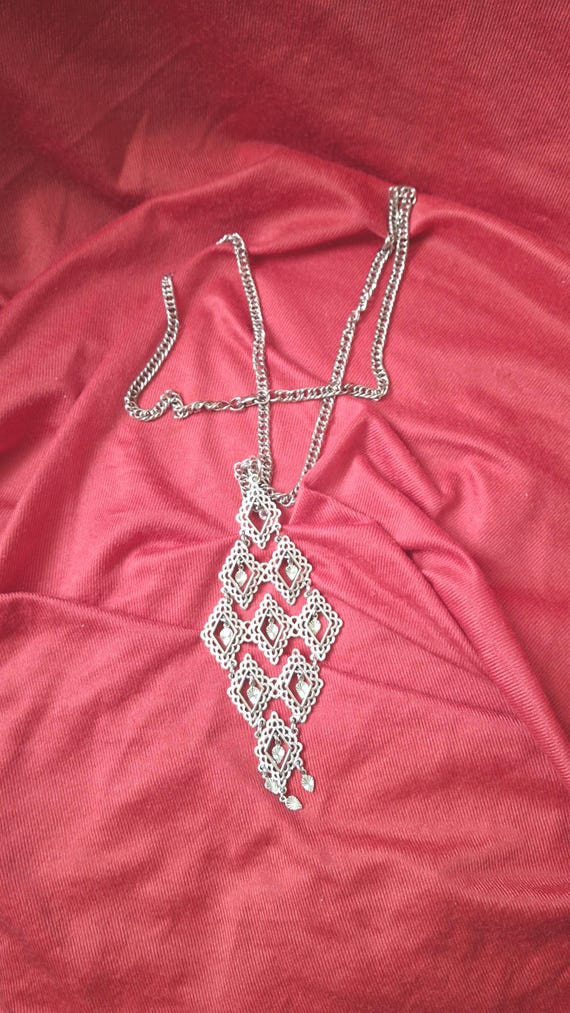 Silver Diamond Shape Statement Necklace, Dangle P… - image 4