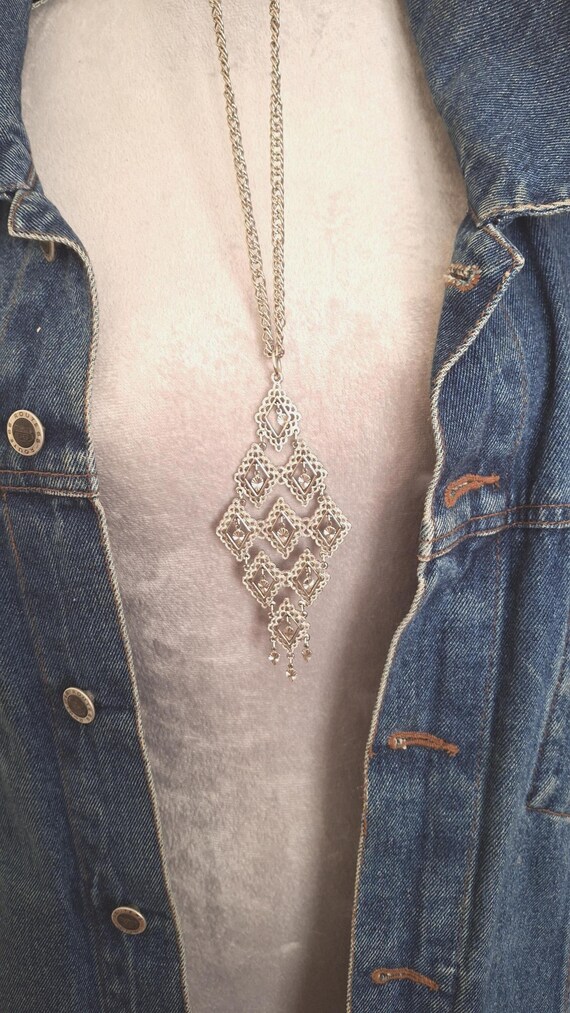 Silver Diamond Shape Statement Necklace, Dangle P… - image 1