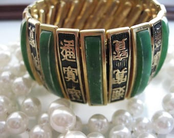 Green Jade Expansion Cuff Bracelet, Asian Symbols, Lucite, 1950s