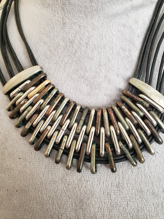Boho Leather Bib Necklace: Ethnic Metal Collar, M… - image 3