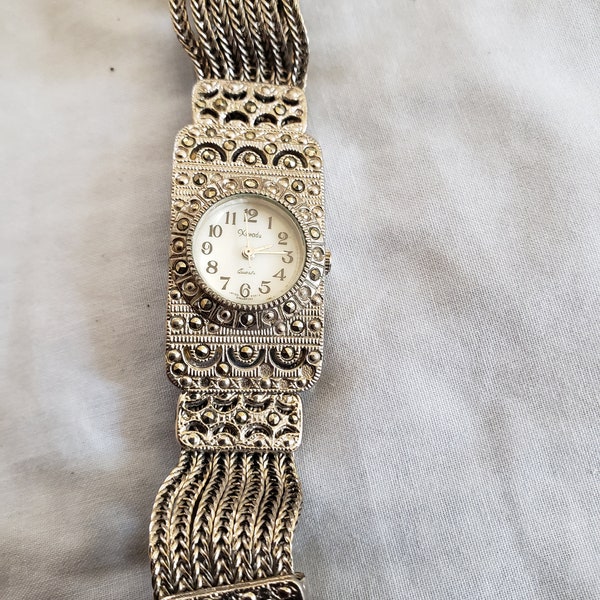 Vtg Xanadu Victorian Deco Marcasite Silver tone Wrist Watch