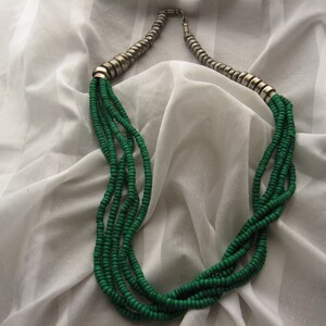 Green Multi Strand Bib Necklace, Seed Bead