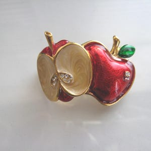 Vtg Red Split Candy Apple Brooch, Porcelain Glazed Enameled Pin; Split Open