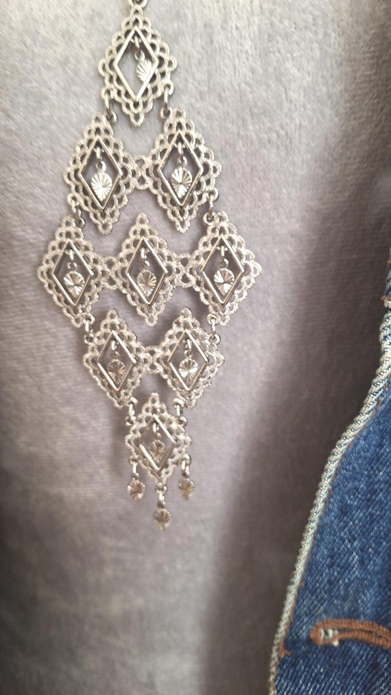 Silver Diamond Shape Statement Necklace, Dangle P… - image 2