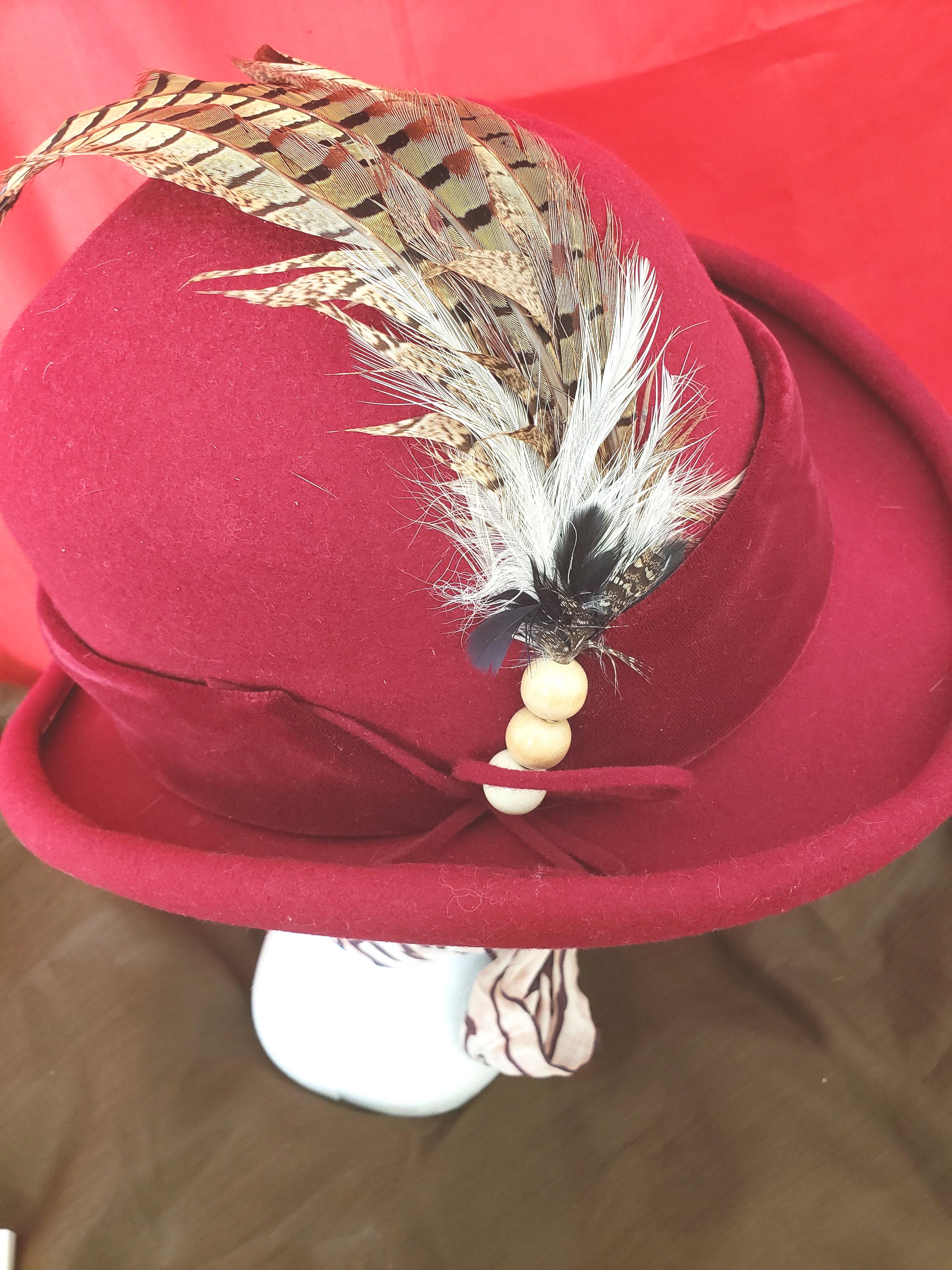 Vintage Bowler Hat Feathered Wool Felt Avant Garde Regencycore Made in the USA Tan Wool Bowler Hat with Feathers (c.1960s) – Rush Creek Vintage main image 2