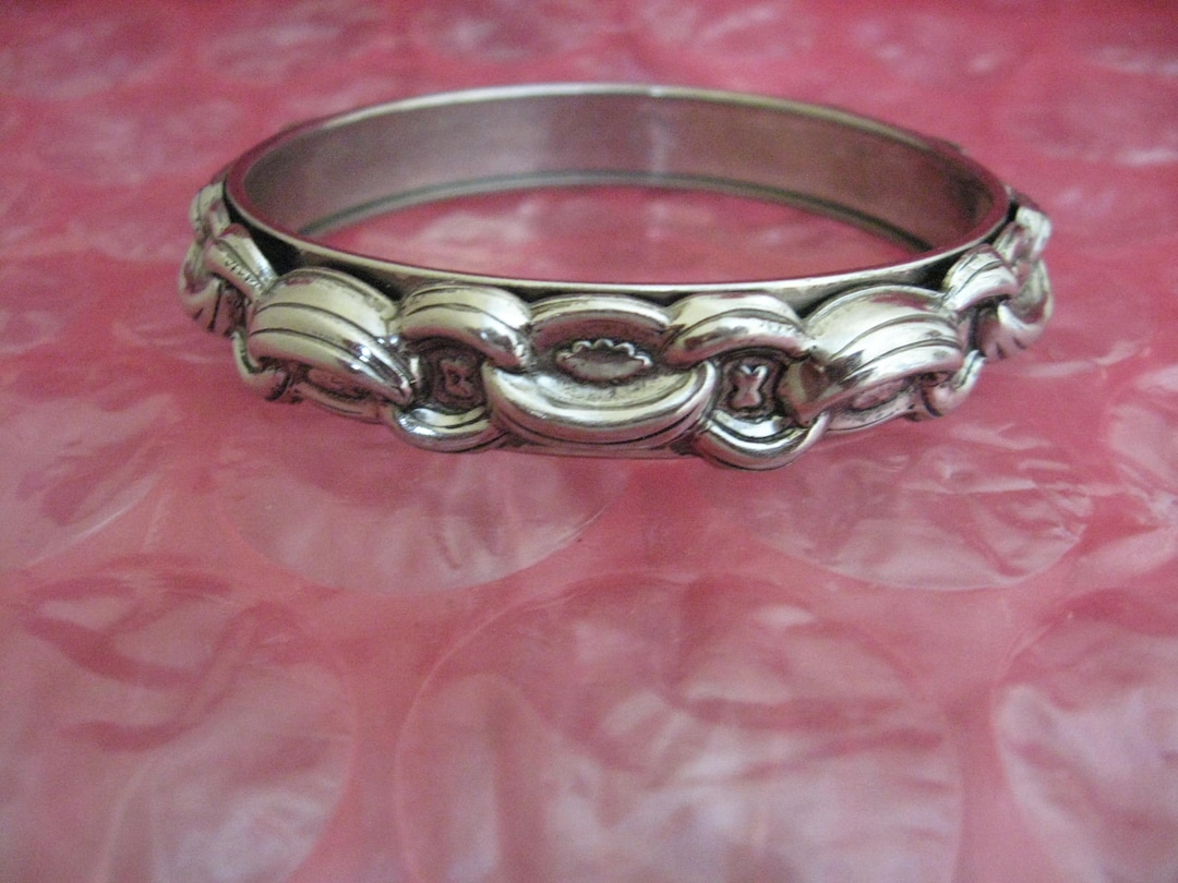 Bracelet Jonc Argent Sculpté Style Art Nouveau - Bijou Ancien - Occasion