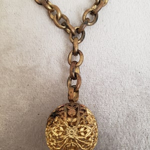 Vtg Cable Chain Ball Necklace, Brass Filigree
