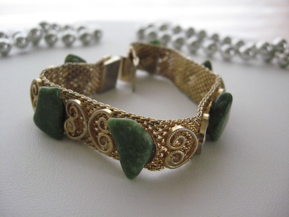 Victorian Gold Mesh Jade Filigree Bracelet - image 1