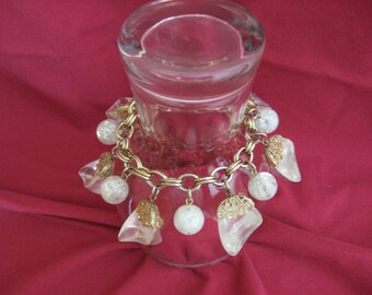Vintage 1960s Lucite Charm Bracelet: Gold Rolo Chain, Filigree Bead Caps