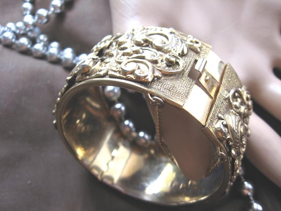 Vintage Gold Repousse Cuff Bracelet: Ornate State… - image 1