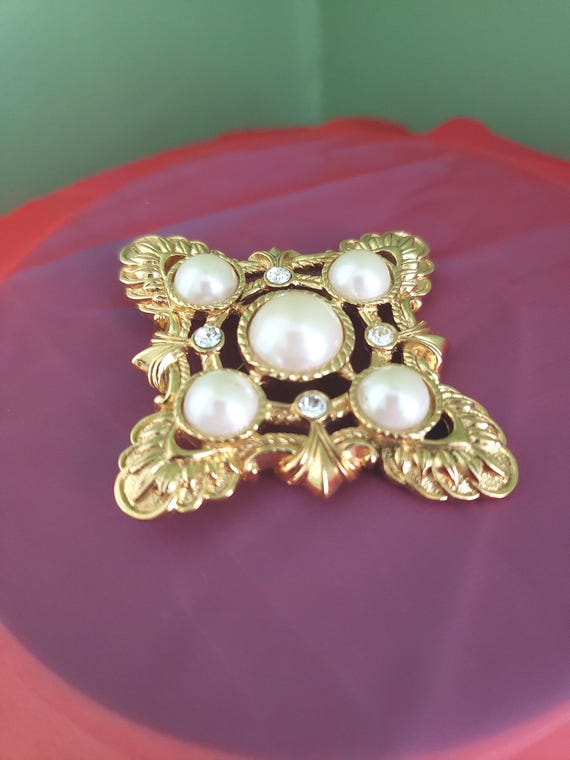 Vtg  KJL Pearl Brooch, Avon Maltese Cross Brooch;… - image 1
