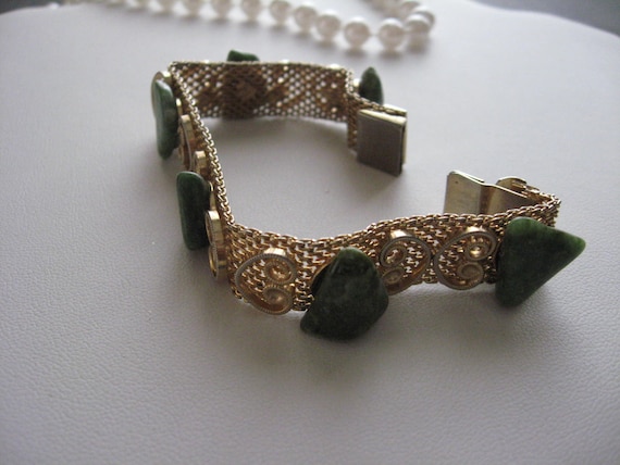 Victorian Gold Mesh Jade Filigree Bracelet - image 4