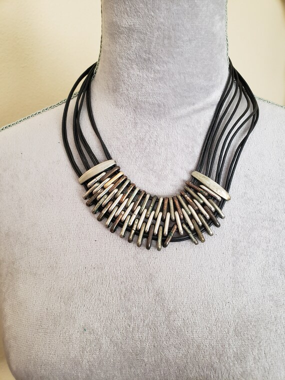 Boho Leather Bib Necklace: Ethnic Metal Collar, M… - image 2