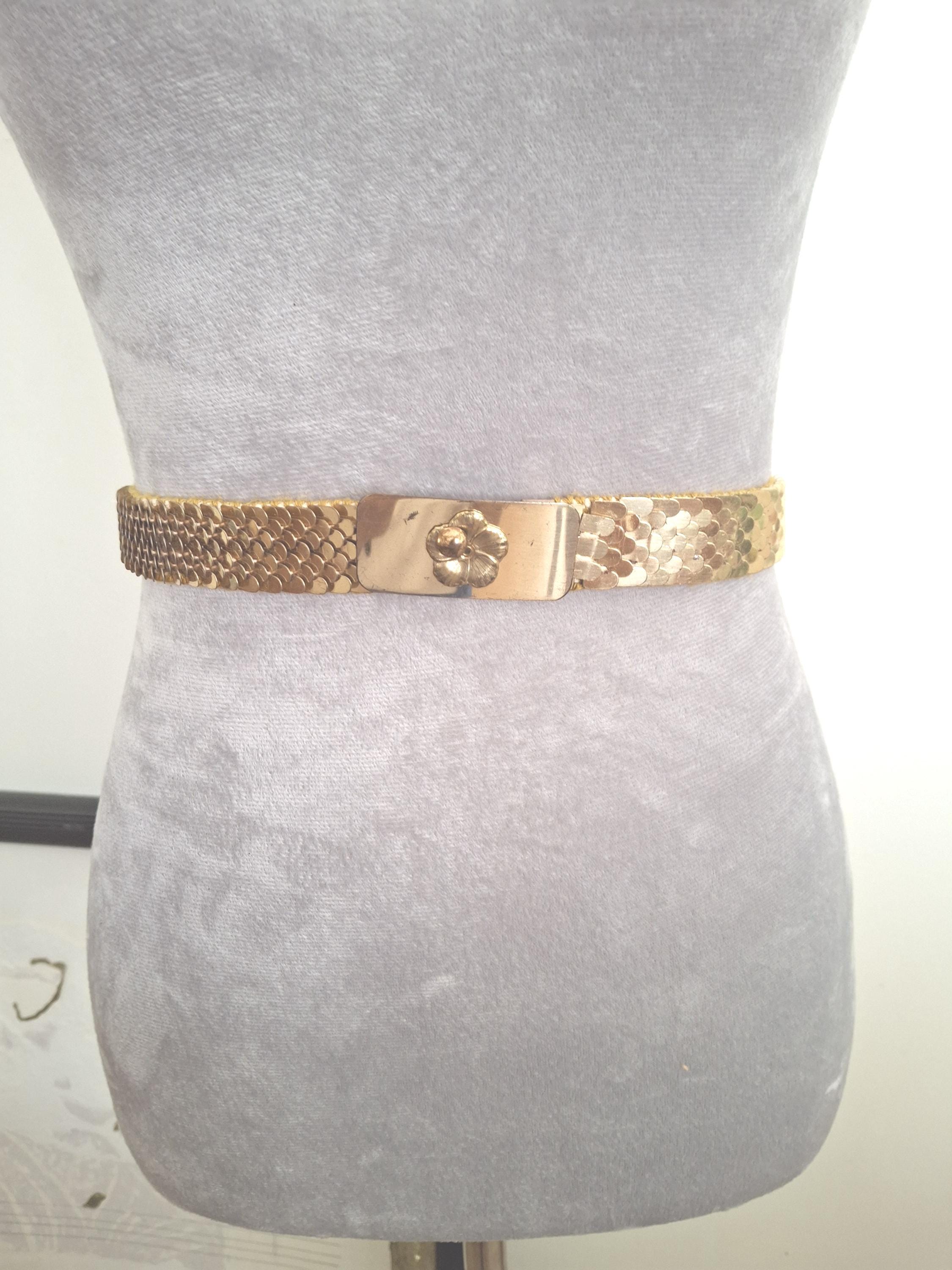 Vintage Gold Fish Scale Stretch Belt - Medium, Floral Buckle  display picture 1