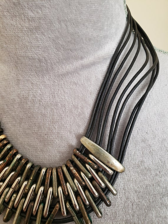 Boho Leather Bib Necklace: Ethnic Metal Collar, M… - image 4
