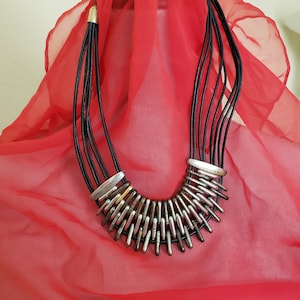 BoHo Leather Multi-strand Bib Statement Necklace, Barode Ethnic, Metal Collar Bib Necklace, Black Leather Chunky Rope Statement Bib Necklace