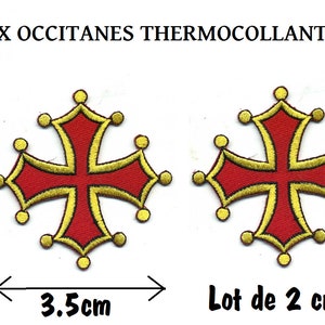 Ecusson Croix occitane brodés thermocollant ou à coudre . Applique Patch PAYS D OC Rouge et Jaune 2 petits ecussons