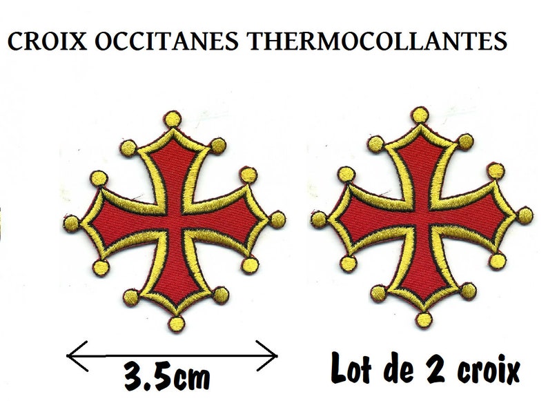 Ecusson Croix occitane brodés thermocollant ou à coudre . Applique Patch PAYS D OC Rouge et Jaune 2 petits ecussons