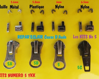 Kits de Reparación de Cremalleras N°5 con o sin tenazas para engarzar 5VS 5CT 5CN YKK EP ISE Corredera + Funda + Carcasa + Topes