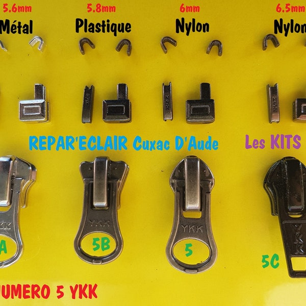 Kits Réparation Fermeture à Glissiere No 5 avec ou sans pince a sertir  5VS 5CT 5CN YKK EP ISE  Curseur + Manchon + Boitier + Arrets