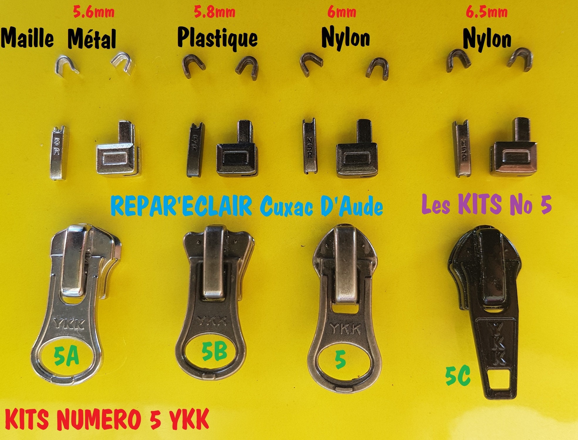 Kits Réparation Fermeture à Glissiere No 5 avec ou sans pince a sertir 5VS  5CT 5CN YKK EP ISE Curseur Manchon Boitier Arrets -  France