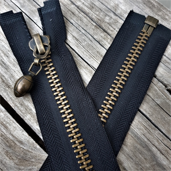 Large Black Zipper for Bronze Zipper Jacket M 8, Custom length from 20 to 80 cm