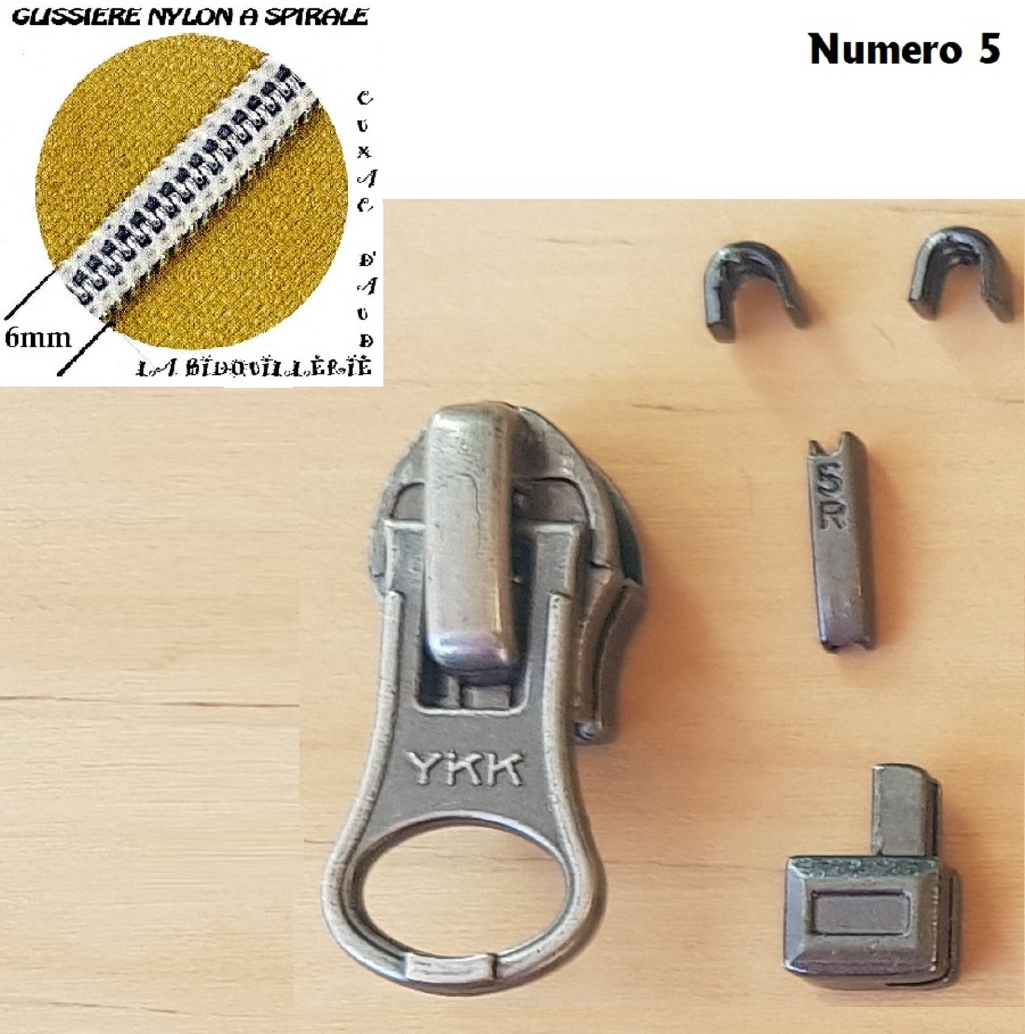 No 5 YKK 6 mm , Kit fabrication ou reparation fermeture en Nylon No 5 ,  Curseur + Boitier + Manchon + Arrets