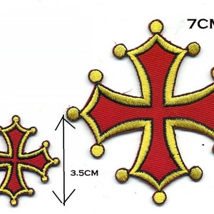 Ecusson Croix occitane brodés thermocollant ou à coudre . Applique Patch PAYS D OC Rouge et Jaune 1 petit + 1 moyen