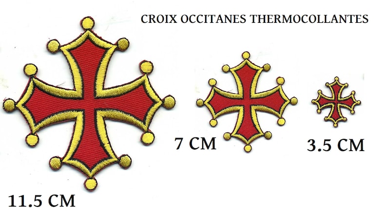 Ecusson Croix occitane brodés thermocollant ou à coudre . Applique Patch PAYS D OC Rouge et Jaune 3 tailles d'ecussons