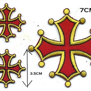 Ecusson Croix occitane brodés thermocollant ou à coudre . Applique Patch PAYS D OC Rouge et Jaune 2 petits et 1 moyen