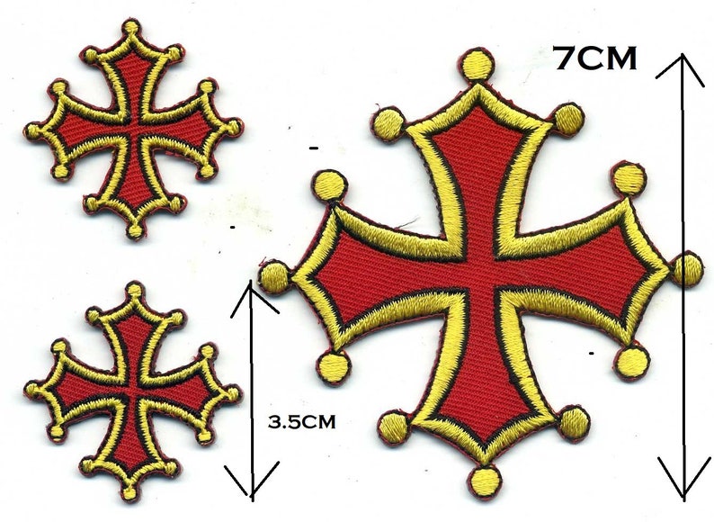 Ecusson Croix occitane brodés thermocollant ou à coudre . Applique Patch PAYS D OC Rouge et Jaune 2 petits et 1 moyen