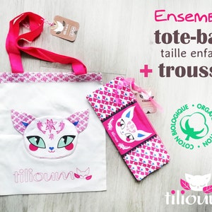 Ensemble enfant Sac tote-bag + trousse rose en coton biologique avec poche à tête de chat SIAM la charmeuse
