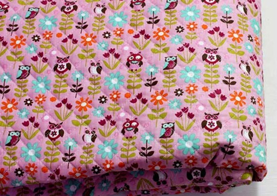 Owl flower Cotton Blend Ready quilted Fabric Pre-quilted bird floral owls JQ45