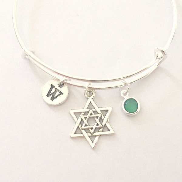 Star of David bracelet, Jewish Bangle, Bat Mitzvah Jewelry, Star of David Jewelry, Silver Magen David, Hebrew, Israeli, Personalized, Silver