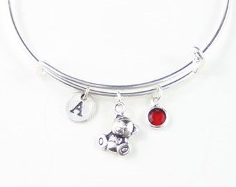 Teddy Bear Charm Bracelet: Initial & Birthstone, Personalized Jewelry