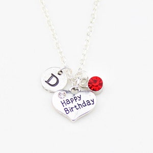 Collar inicial de feliz cumpleaños, collar de corazón de carta de piedra de nacimiento personalizado, collar personalizado regalo de novia, regalo de cumpleaños de hermana