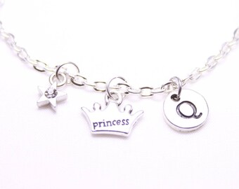 Personalized Princess Crown Bracelet: Dainty Initial Charm