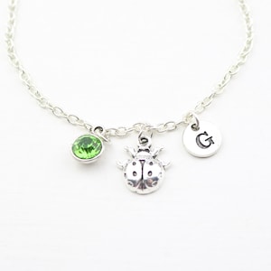 Ladybug Charm Anklet: Silver Ladybird, Birthstone, Monogram Jewelry