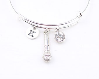 Pulsera de micrófono mujeres, brazalete de micrófono, joyería de karaoke, pulsera de encanto de micrófono, inicial, regalo de karaoke, personalizado, plata, piedra de nacimiento, para ella