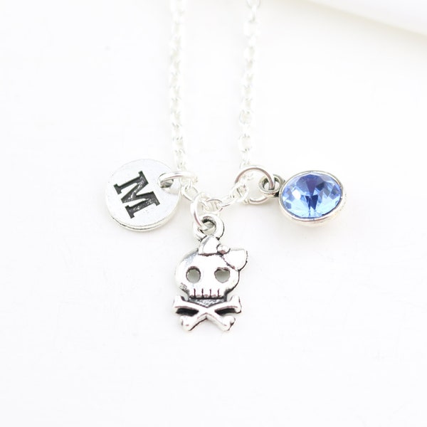 Tiny Skull Necklace for Women, Skull Necklace Gift, Silver Skull Charm, Initial, Birthstone, Personalized, Skull Gift for Girls, Halloween