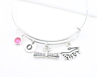 Graduation Gift, Graduate 2019, Personalized Jewelry, Initial, Birthstone, Silver, Best Friend, Graduation Bracelet, Woman,Graduation Bangle