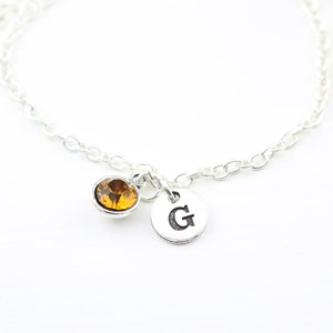 Custom Silver Chain Bracelet: Initial & Birthstone, Personalized Jewelry
