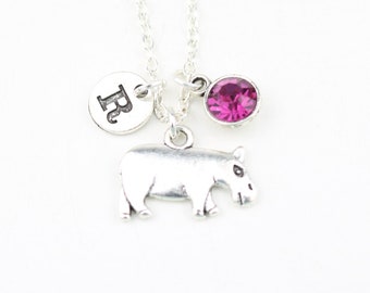 Nilpferd Kette: Silber Hippo Anhänger, Initial & Geburtsstein